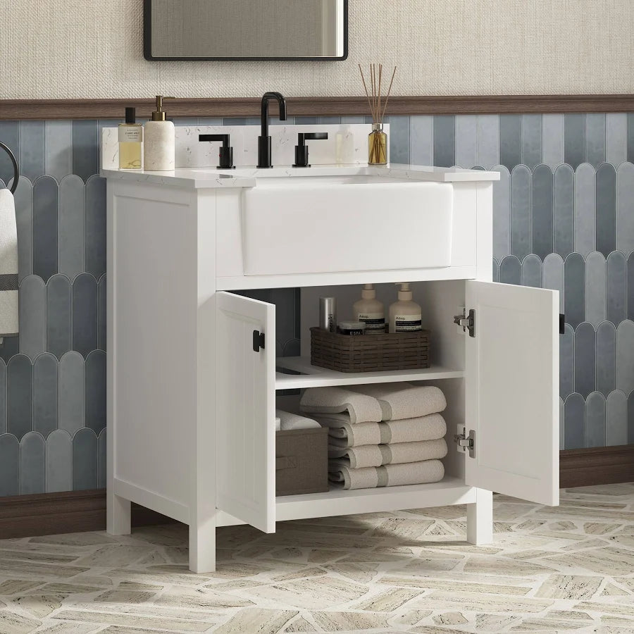 30” Modern Bathroom Vanity Sink – Ceramic Basin with Storage Cabinet