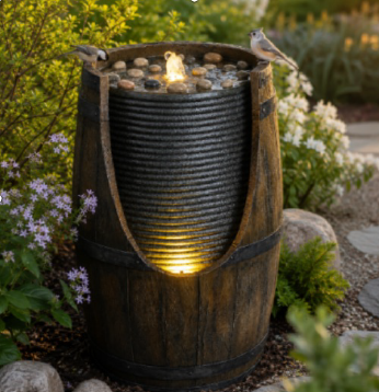 Rustic Barrel Cascade Outdoor Water Fountain with LED Lighting