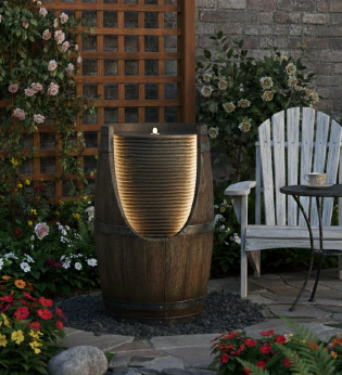 Rustic Barrel Cascade Outdoor Water Fountain with LED Lighting