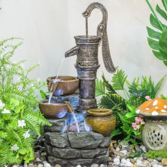 Vintage Pump Outdoor Garden Water Fountain with Tiered Basins