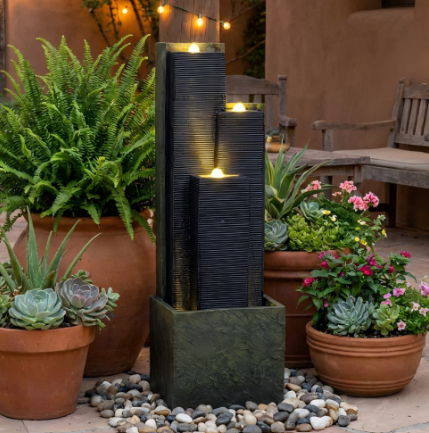 Modern Slate Panel Outdoor Water Fountain with LED Lighting