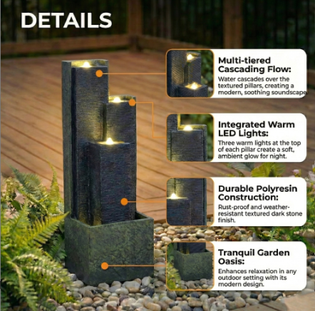 Modern Slate Panel Outdoor Water Fountain with LED Lighting
