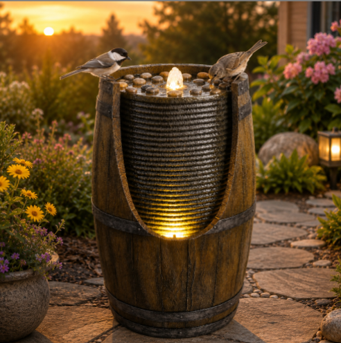 Rustic Barrel Cascade Outdoor Water Fountain with LED Lighting