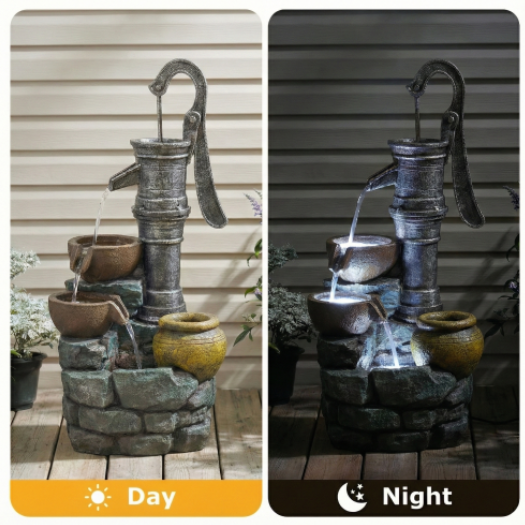 Vintage Pump Outdoor Garden Water Fountain with Tiered Basins